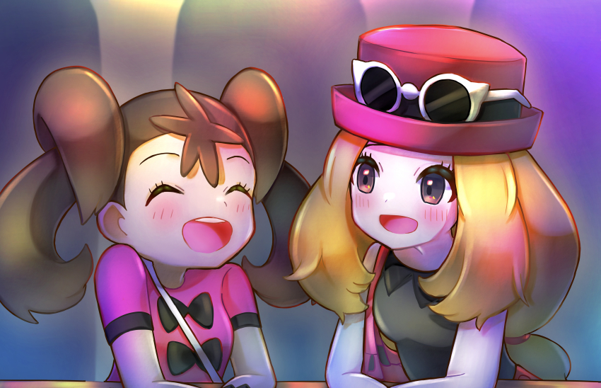 2girls :d absurdres bag black_shirt blonde_hair blush closed_eyes eyelashes eyewear_on_headwear hat highres long_hair looking_at_another meta-g_(curc8737) multiple_girls nintendo open_mouth pink_shirt pokemon pokemon_xy serena_(pokemon) shauna_(pokemon) shirt short_sleeves shoulder_bag sleeveless sleeveless_shirt smile sunglasses twintails upper_body