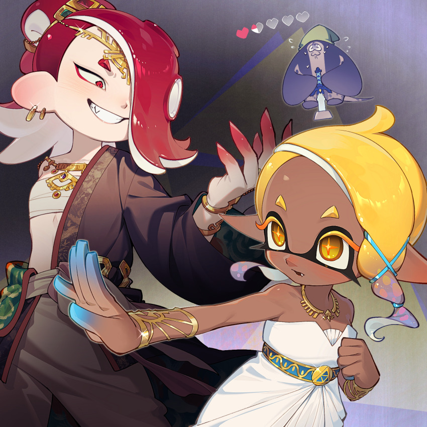 1boy 2girls bare_shoulders big_man_(splatoon) black_kimono blonde_hair bracelet breasts brown_pants chest_sarashi clenched_hand colored_eyelashes commentary cosplay dark-skinned_female dark_skin dress earrings ebifurai_(15121299912) fang flying_sweatdrops frye_(splatoon) ganondorf ganondorf_(cosplay) glint gold_bracelet gold_necklace gradient_hair green_hat grin hadanugi_dousa hair_bun hair_ornament hair_over_one_eye hat health_bar highres inkling japanese_clothes jewelry kimono link link_(cosplay) long_hair long_pointy_ears long_sleeves looking_at_another manta_ray medium_hair midriff multicolored_hair multiple_girls necklace nintendo octoling one_eye_covered open_clothes open_kimono open_mouth orange_pupils outstretched_arm pants planted planted_sword planted_weapon pointy_ears princess_zelda princess_zelda_(cosplay) purple_hair red_eyes red_hair sarashi shiver_(splatoon) small_breasts smile splatoon_(series) splatoon_3 star-shaped_pupils star_(symbol) strapless strapless_dress suction_cups sword symbol-only_commentary symbol-shaped_pupils tentacle_hair the_legend_of_zelda two-tone_hair weapon white_dress wide_sleeves x_hair_ornament yellow_eyes