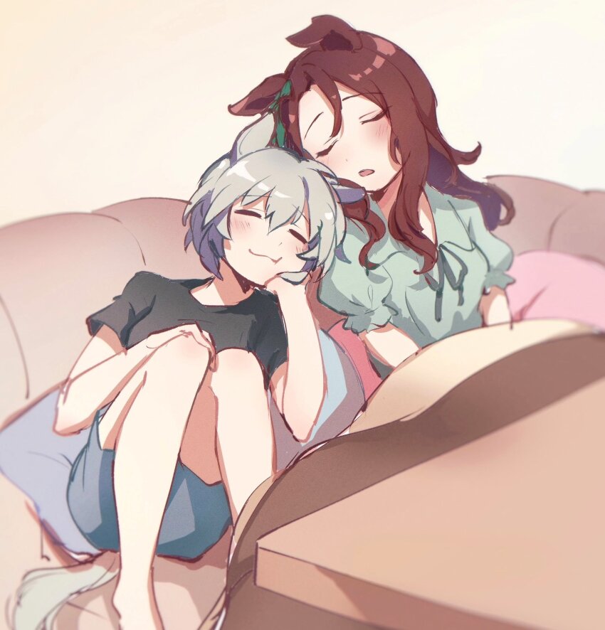 2girls animal_ears black_shirt blue_shorts blush bow brown_hair closed_eyes closed_mouth commentary_request couch ear_bow green_shirt grey_hair head_on_another&#039;s_shoulder head_rest highres horse_ears horse_girl horse_tail king_halo_(umamusume) long_hair loungewear multiple_girls open_mouth pillow seiun_sky_(umamusume) sekiyu_inu shirt short_hair short_sleeves shorts sitting sleeping tail umamusume yuri