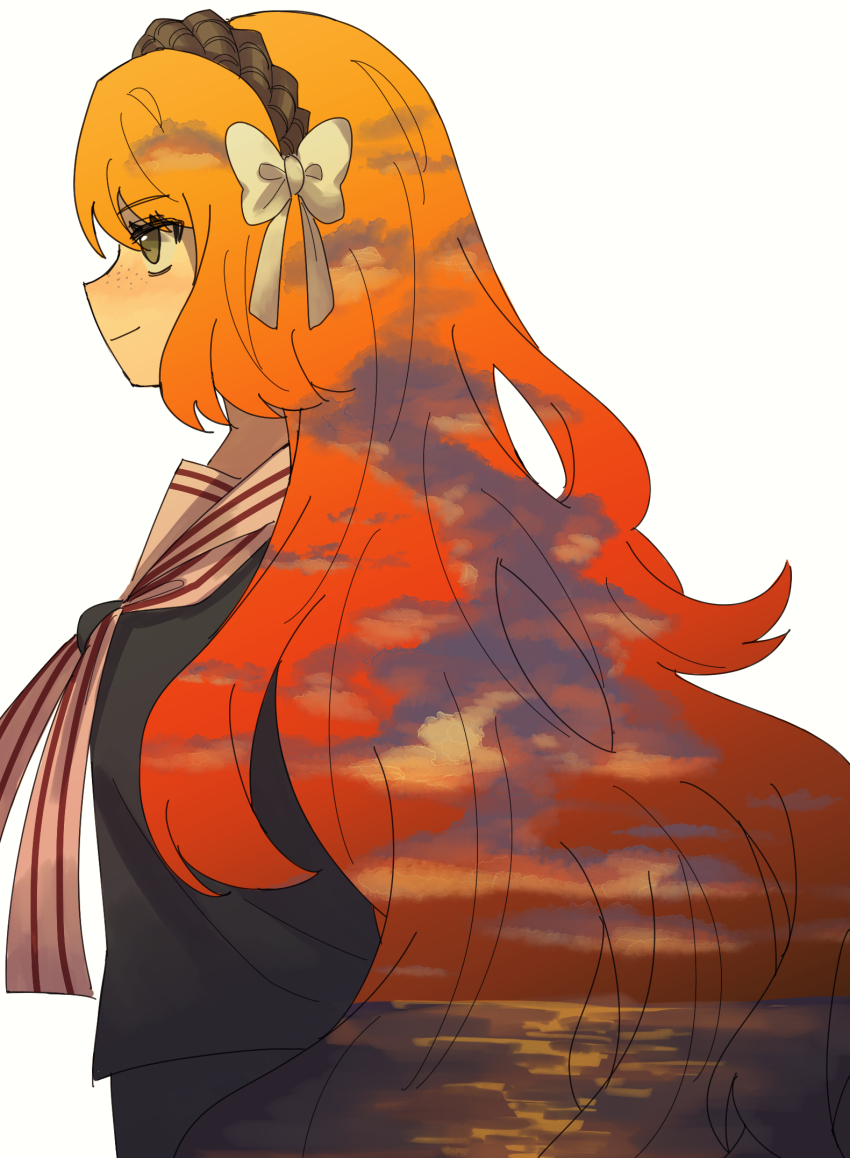 1girl bow brown_hairband cowboy_shot double_exposure e.g.o_(project_moon) hair_bow hairband highres ishmael_(project_moon) kitaku_(ienikaeru) limbus_company long_hair neckerchief orange_hair profile project_moon sailor_collar sidelocks simple_background snagharpoon_(e.g.o) solo sunset very_long_hair white_background white_bow white_neckerchief white_sailor_collar