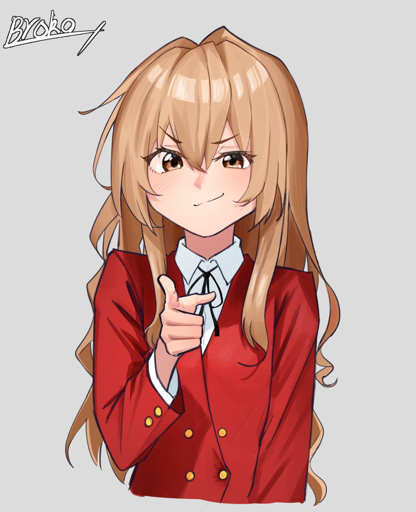 1girl absurdres aisaka_taiga black_ribbon blazer blush broko brown_eyes brown_hair buttons closed_mouth collared_shirt commentary_request cropped_torso double-breasted grey_background hair_between_eyes highres jacket long_hair long_sleeves looking_at_viewer neck_ribbon oohashi_high_school_uniform pointing pointing_at_viewer red_jacket ribbon school_uniform shirt signature simple_background smug solo toradora! white_shirt