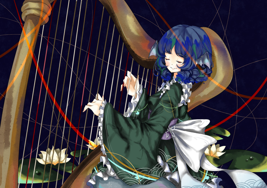 1girl blue_hair blush bow chinese_commentary closed_eyes closed_mouth commentary_request drill_hair flower frilled_kimono frills green_kimono harp harukasa head_wings highres instrument japanese_clothes kimono lily_(flower) lily_pad medium_hair mermaid monster_girl music obi playing_instrument sash smile solo string touhou upper_body waist_bow wakasagihime water_drop water_lily_flower white_bow wings