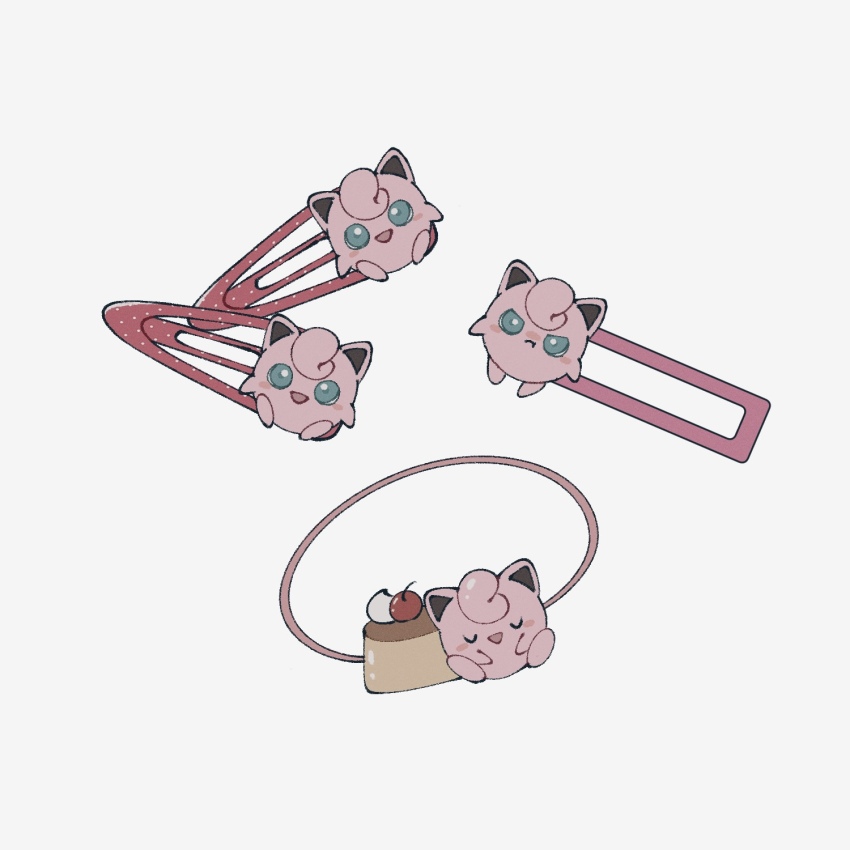 :t blue_eyes cherry closed_eyes closed_mouth creatures_(company) food frown fruit game_freak gen_1_pokemon hair_ornament hairpin highres jigglypuff nintendo no_humans object_focus open_mouth pokemon pout pudding simple_background smile smprfms white_background