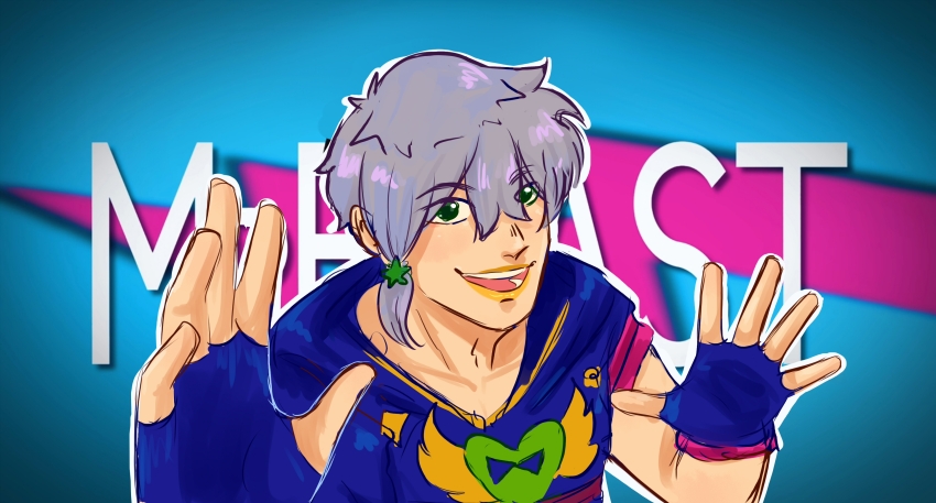 1boy absurdres blue_background blue_gloves braid fake_mrbeast_(meme) fingerless_gloves gloves green_hair green_lips grey_hair hair_ornament highres jodio_joestar jojo_no_kimyou_na_bouken meme mrbeast open_mouth side_braid single_braid smile solo star_(symbol) star_hair_ornament the_jojolands unasoadorams2