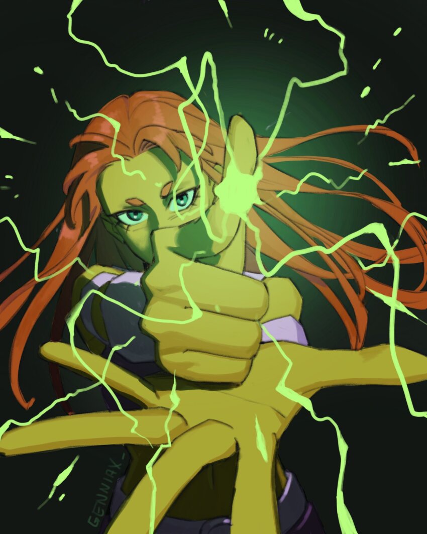 1girl artist_name black_background commentary dc_comics electricity english_commentary floating_hair genniax highres incoming_attack long_hair looking_at_viewer navel orange_hair pointing short_eyebrows simple_background solo starfire tamaranean teen_titans upper_body