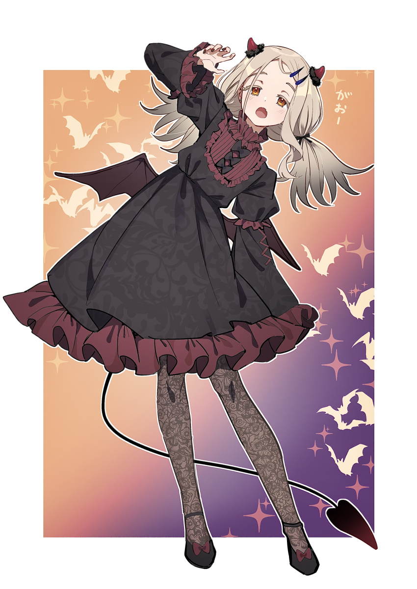 1girl absurdres bat_(animal) black_dress colored_eyelashes commentary_request demon_horns demon_tail demon_wings dress fang fingernails frilled_dress frills full_body gakuen_idolmaster gao gradient_hair grey_hair highres horns idolmaster lace_pantyhose light_brown_hair lolita_fashion looking_at_viewer multicolored_hair nail_polish orange_eyes shinosawa_hiro silhouette skin_fang solo tail tamago_sando twintails two-tone_dress wings