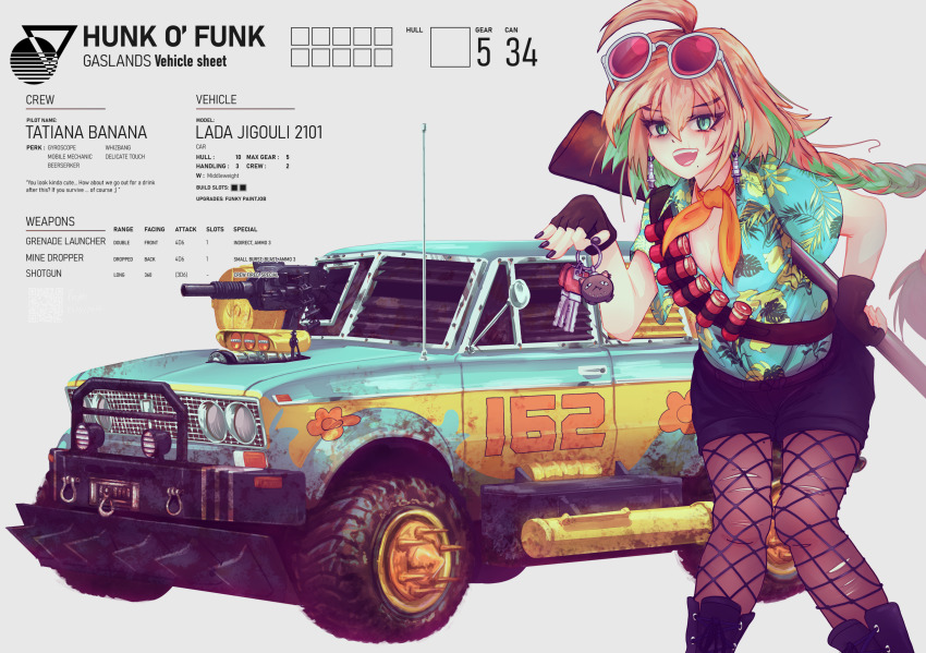 1girl absurdres ahoge ammunition_belt black_footwear black_shorts blonde_hair braid breasts car car_keys cleavage eyewear_on_head fingerless_gloves gaslands gloves green_eyes green_hair grenade_launcher gun hawaiian_shirt highres lada_(car) leggings motor_vehicle multicolored_hair neckerchief orange_neckerchief razpaz red-tinted_eyewear scar shirt shorts shotgun solo tabletop_rpg tinted_eyewear torn_clothes torn_leggings weapon