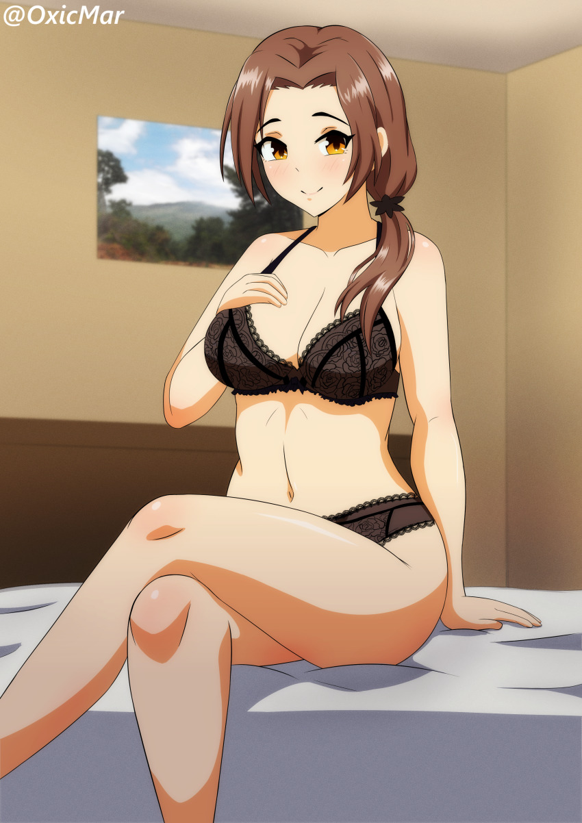 1girl absurdres bed bedroom breasts brown_hair crossed_legs hand_on_own_chest highres idolmaster idolmaster_cinderella_girls indoors kawashima_mizuki lingerie looking_at_viewer navel oxicmar ponytail solo underwear yellow_eyes