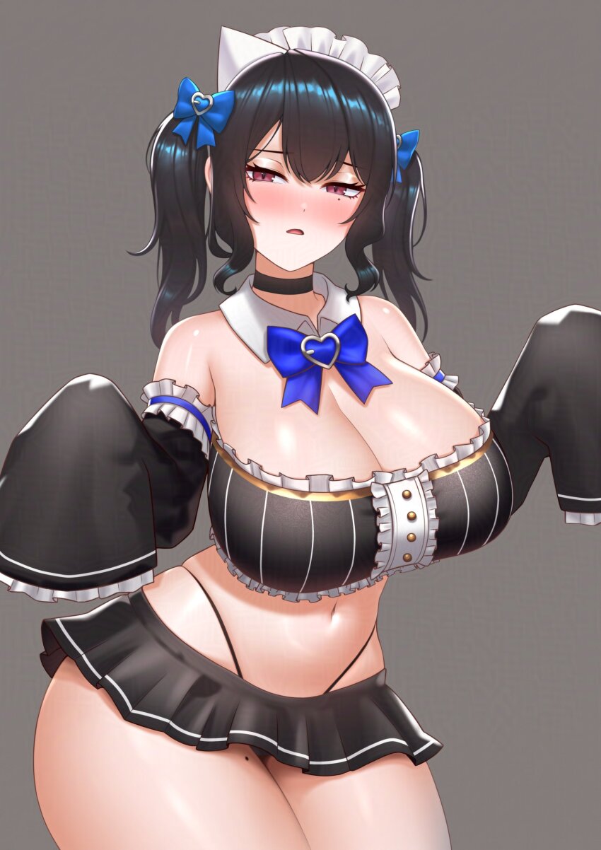 1girl alternate_costume alternate_form apron bare_shoulders black_hair black_panties black_sleeves blue_hair blush breasts cipher4109 cleavage closed_mouth colored_inner_hair cowboy_shot detached_sleeves dress frills ghost_girl ghost_tail highres hololive hololive_english indie_virtual_youtuber large_breasts long_hair long_sleeves looking_at_viewer maid maid_apron maid_headdress mint_fantome mole mole_under_eye multicolored_hair navel nerissa_ravencroft one_eye_closed open_mouth panties red_eyes smile solo string_panties thighs two-tone_hair underwear very_long_hair virtual_youtuber