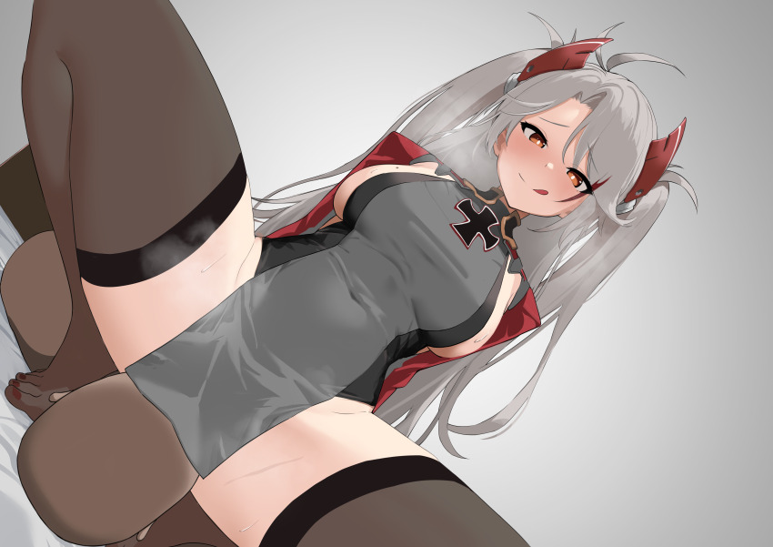 1boy 1girl :q absurdres ahoge azur_lane breasts brown_thighhighs closed_mouth commentary_request covered_navel dark-skinned_male dark_skin dress girl_on_top gradient_background grey_background grey_dress grey_hair hakkaman119 hetero highres interracial large_breasts large_variant_set long_hair multicolored_hair prinz_eugen_(azur_lane) sideboob sitting sitting_on_face sitting_on_person solo_focus squatting streaked_hair thick_thighs thighhighs thighs tongue tongue_out two_side_up variant_set