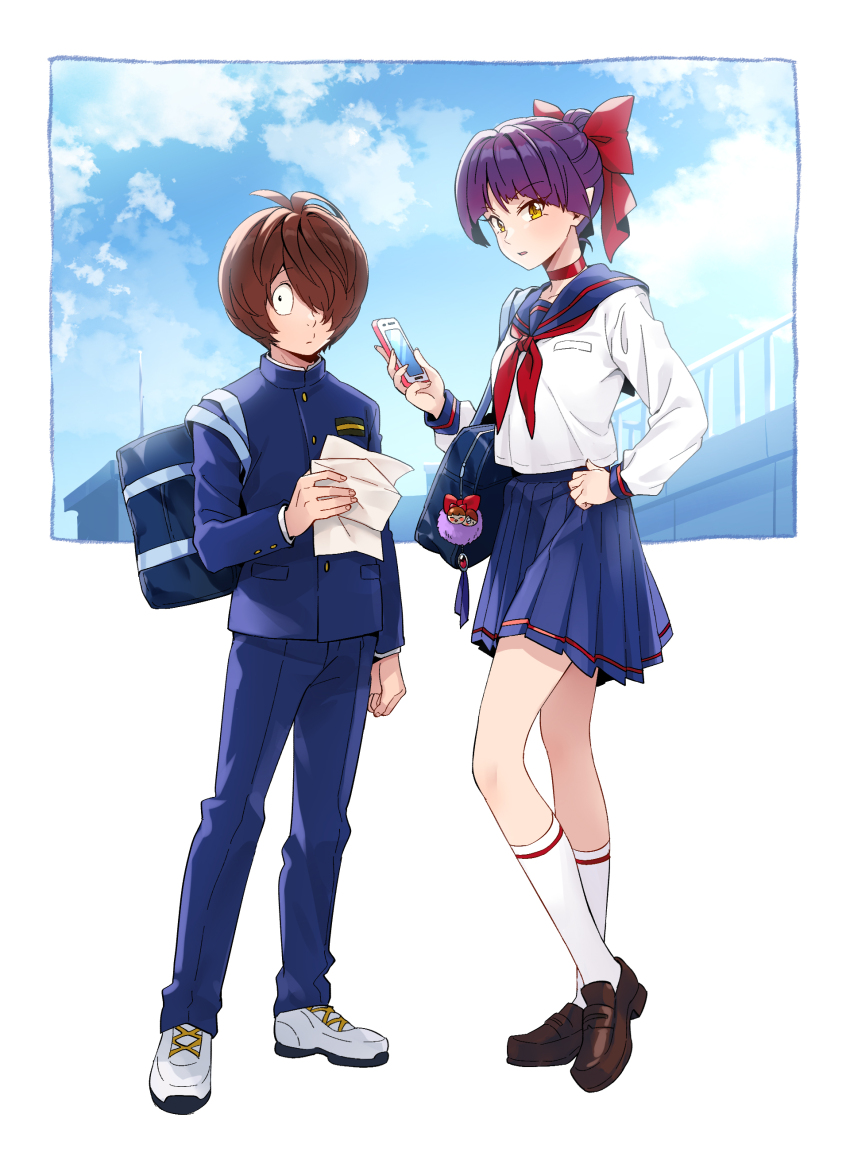 1boy 1girl absurdres alternate_costume backpack bag black_eyes black_footwear blue_bag blue_jacket blue_pants blue_skirt bow brown_hair cellphone choker gegege_no_kitarou hair_bow hair_over_one_eye hand_on_own_hip highres holding holding_phone jacket kitarou medium_hair neckerchief nekomusume nekomusume_(gegege_no_kitarou_6) pants phone ponytail red_bow red_choker red_neckerchief school_uniform shirt silanduqiaocui skirt smartphone white_footwear white_shirt yellow_eyes