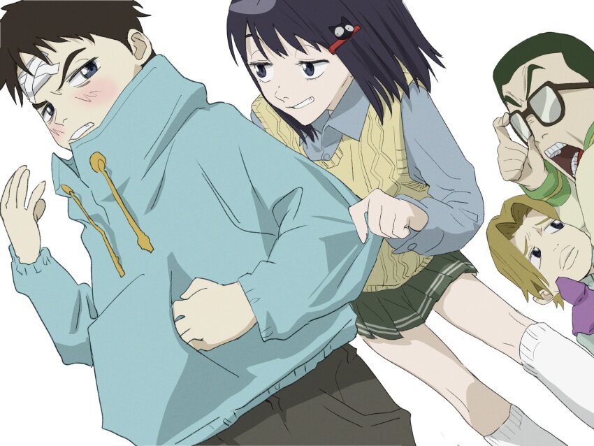 1girl 3boys aqua_hoodie blonde_hair flcl glasses green_skirt highres hoodie lips manabe_gaku masamune_masashi multiple_boys nandaba_naota ninamori_eri pink_punk_ponk simple_background skirt smile socks takkun_(flcl) teeth white_background white_socks