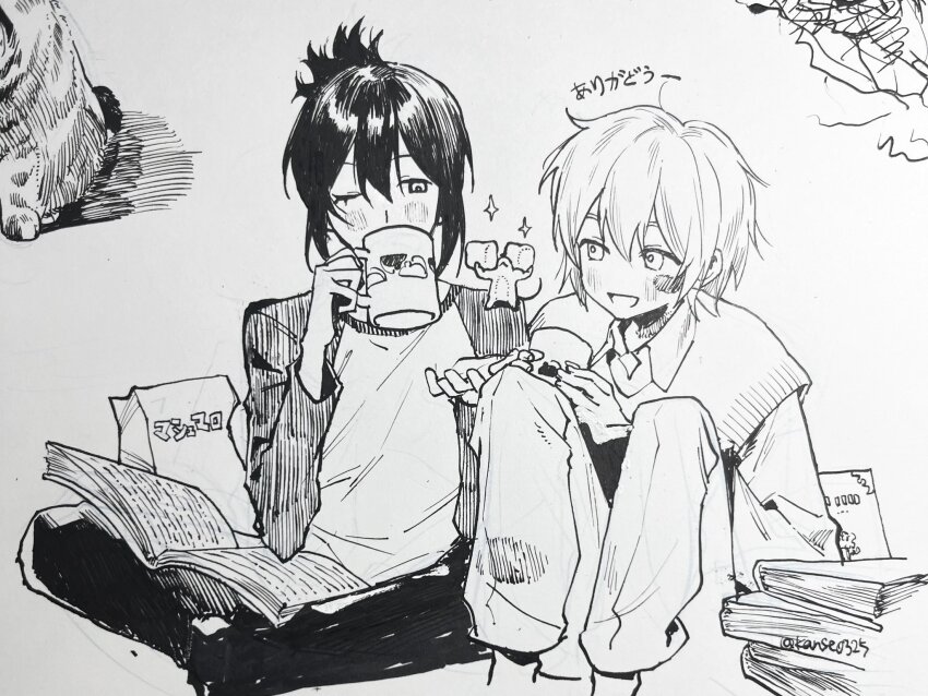 2boys animal animal_on_shoulder blush book book_stack coffee_mug collared_shirt cup drinking facing_viewer greyscale hair_between_eyes highres holding holding_cup indian_style kanse0325 long_sleeves looking_at_another male_focus medium_hair monochrome mouse_(animal) mug multiple_boys nezumi_(no.6) no.6 open_book open_mouth pants ponytail shion_(no.6) shirt short_hair short_ponytail sitting smile sugar_cube traditional_media vest