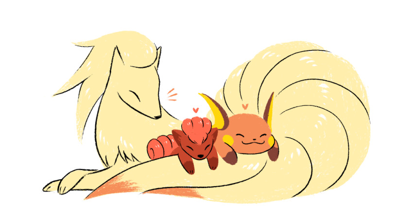 animal_focus closed_eyes closed_mouth commentary english_commentary gen_1_pokemon gotchibam heart lying ninetales nintendo no_humans pokemon pokemon_(creature) raichu simple_background smile vulpix white_background