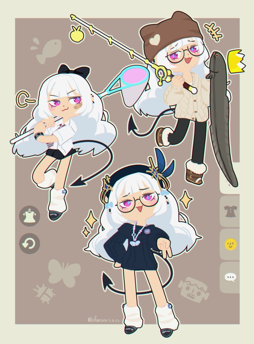 +++ 1girl :3 :d absurdres bandaid bandaid_on_cheek bandaid_on_face black-framed_eyewear black_bow black_hat black_pantyhose black_shoes black_skirt blunt_bangs blush_stickers boots bow brown_background brown_boots brown_hat butterfly_net chibi chibi_only commentary copyright_request crown demon_tail dot_nose earclip eel english_commentary fishing_rod fur-trimmed_boots fur_trim glasses gyaru_v hair_bow hand_net hat highres holding holding_fishing_rod long_hair loose_socks multiple_views open_mouth original outline pantyhose pink_eyes porforever round_eyewear shoes simple_background skirt smile socks sparkle tail v very_long_hair white_hair white_outline