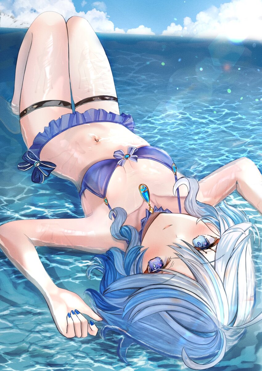 1girl ahoge bikini blue_bikini blue_eyes blue_gemstone blue_hair blue_nails blue_pupils blue_sky blush breasts cloud collarbone commentary_request day fingernails furina_(genshin_impact) gem genshin_impact hair_between_eyes heterochromia highres looking_at_viewer lying medium_breasts medium_hair mitsu336 multicolored_hair nail_polish navel on_back outdoors parted_lips partially_submerged sky solo stomach streaked_hair swimsuit teardrop-shaped_gem thigh_strap water white_hair