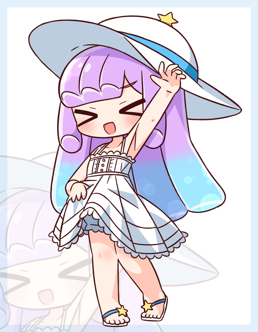 &gt;_&lt; 1girl :d arm_up armpits bare_arms bare_shoulders blue_border blue_hair blush border closed_eyes commentary_request dress facing_viewer full_body gradient_hair green_eyes hana_kazari hat highres multicolored_hair one_eye_closed open_mouth outstretched_arm puniru_(puniru_wa_kawaii_slime) puniru_wa_kawaii_slime purple_hair sandals simple_background sleeveless sleeveless_dress smile solo standing white_background white_dress white_hat white_sandals xd zoom_layer
