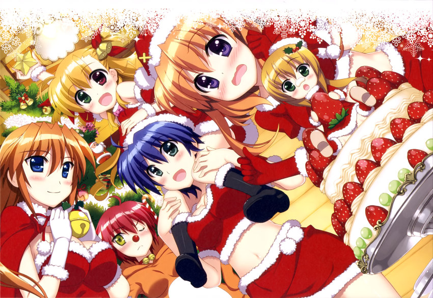 10s 6+girls absurdres blush breasts chantez_apinion christmas cleavage fujima_takuya heterochromia highres lyrical_nanoha mahou_shoujo_lyrical_nanoha mahou_shoujo_lyrical_nanoha_vivid multiple_girls nove_(nanoha) numbers_(nanoha) official_art subaru_nakajima teana_lanster vivio