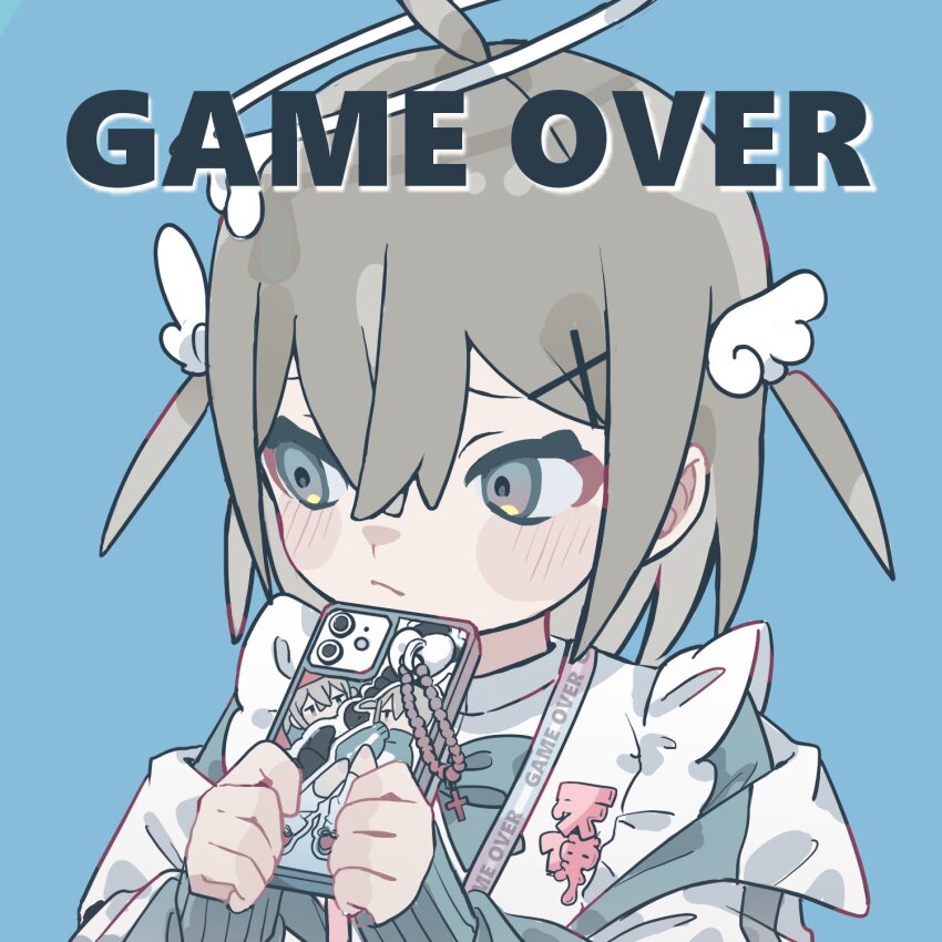 1girl ahoge blue_background brown_hair closed_mouth english_text game_over grey_eyes hair_ornament halo highres holding holding_phone long_sleeves looking_to_the_side original phone short_hair simple_background solo tomoja_rs upper_body wing_hair_ornament