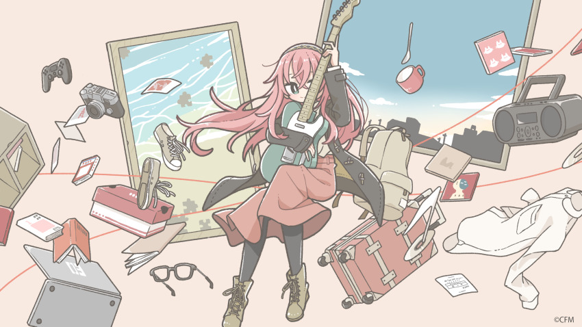 1girl black_coat black_pantyhose blush boombox boots brown_boots cd cd_case closed_mouth coat controller east_sha2 game_controller green_eyes guitar highres holding holding_instrument instrument long_sleeves looking_at_viewer original pantyhose pink_hair red_skirt skirt smile solo suitcase