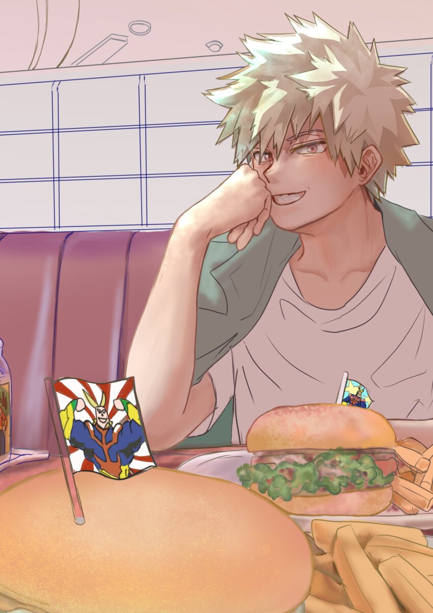 1boy absurdres all_might bakugou_katsuki blonde_hair boku_no_hero_academia booth_seating burger collarbone commentary_request crew_neck elbow_on_table food french_fries green_jacket grin hand_on_own_face head_rest highres jacket jacket_on_shoulders koromo06418109 lapels lettuce looking_at_viewer male_focus meat notched_lapels orange_eyes shirt short_hair short_sleeves sitting smile solo t-shirt teeth tray upper_body white_shirt