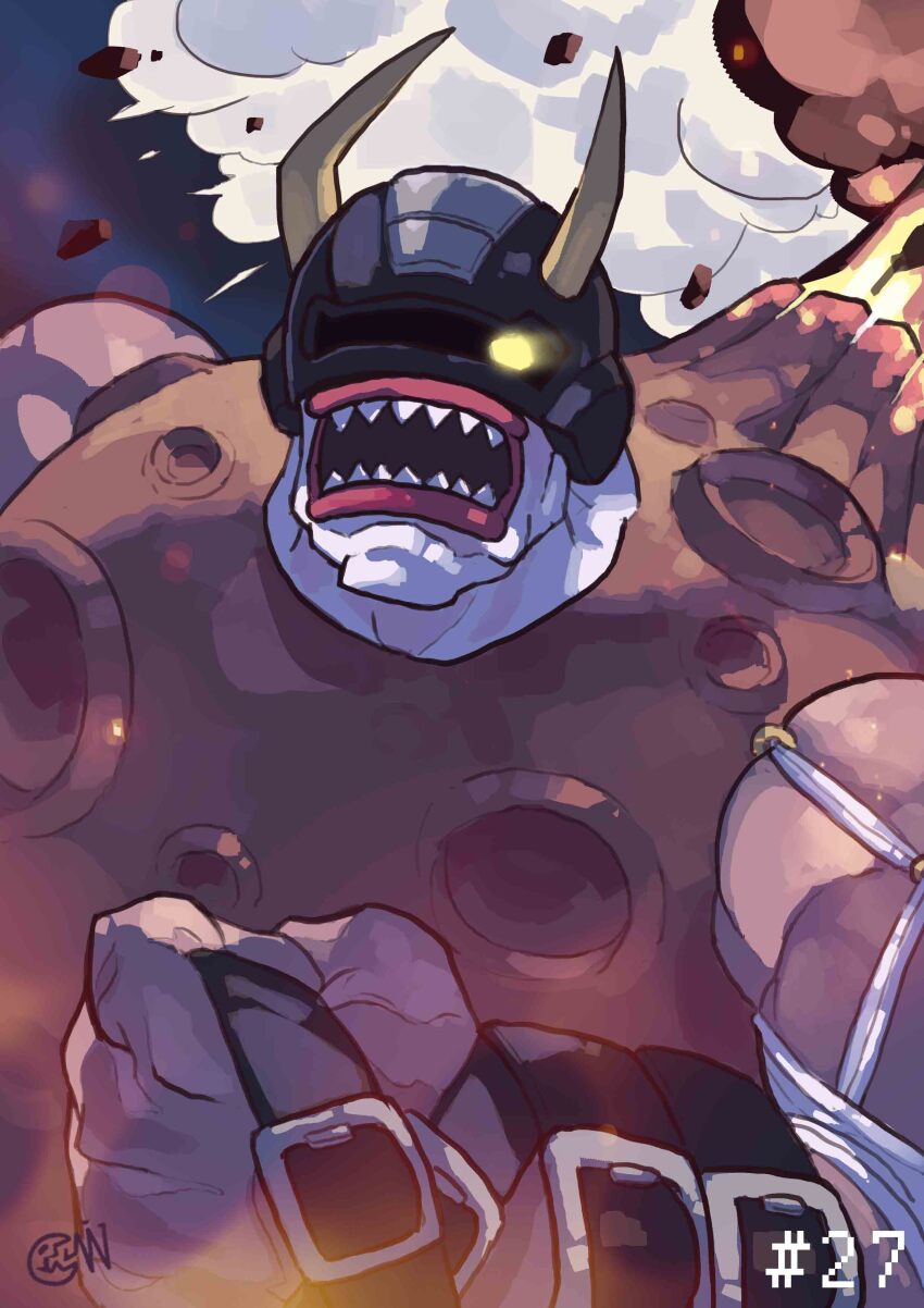 1boy absurdres ancientvolcamon belt digimon digimon_(creature) highres male_focus open_mouth sharp_teeth solo teeth ten_legendary_warriors