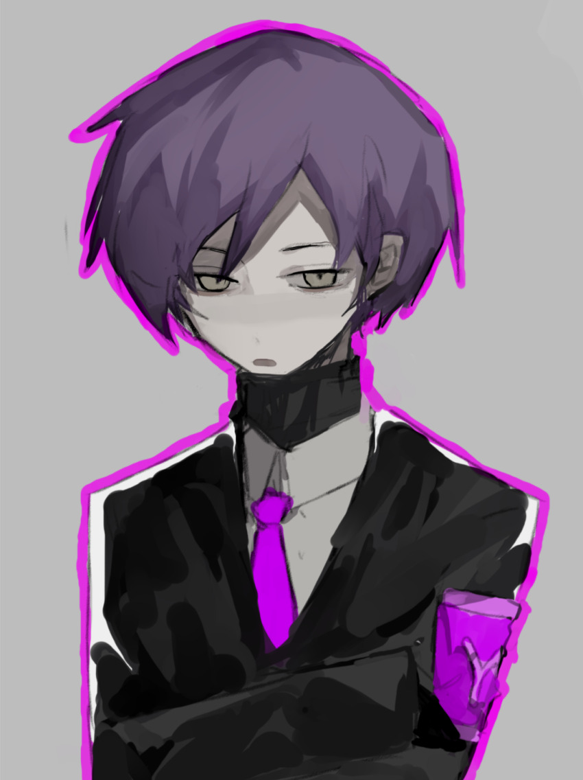 1boy armband black_gloves black_jacket black_sweater chinese_commentary commentary_request crossed_arms gloves grey_background highres jacket jiuxi526 lobotomy_corporation male_focus necktie open_mouth outline pink_outline project_moon purple_armband purple_hair purple_necktie short_hair simple_background solo sweater sweater_under_shirt turtleneck turtleneck_sweater upper_body yellow_eyes yesod_(project_moon)