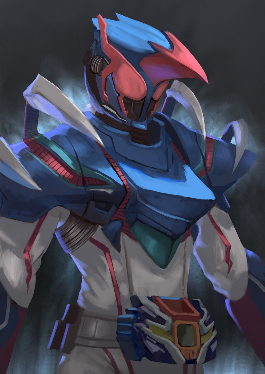 1boy absurdres alt_text armor aura black_background blue_armor blue_background blue_gloves bodysuit commentary compound_eyes debris destream_driver rider_belt gloves glowing glowing_eyes hercules_beetle hercules_beetle_genome highres horns kamen_rider kamen_rider_destream kamen_rider_revice male_focus norman_suarno power_armor red_eyes rider_belt simple_background single_horn sky solo tokusatsu vistamp white_bodysuit