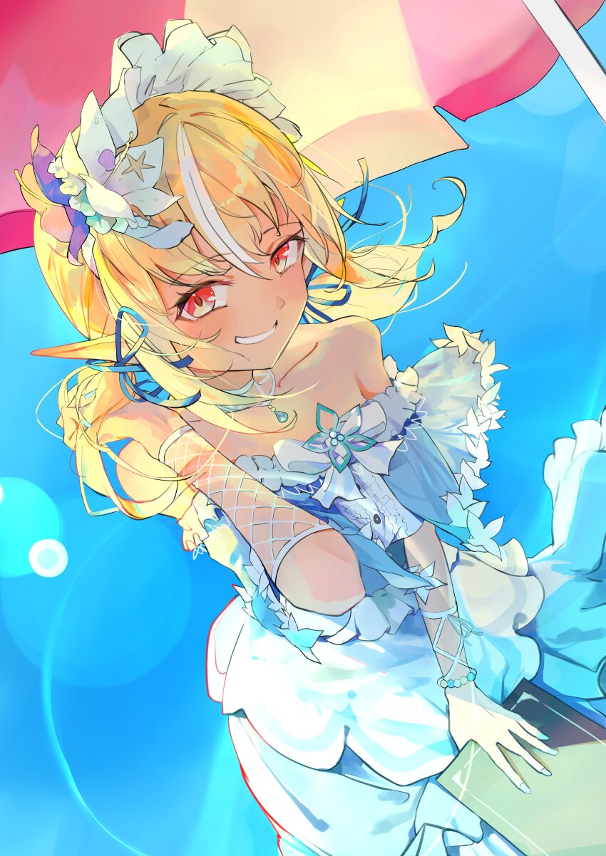 1girl absurdres bare_shoulders blonde_hair collarbone dark-skinned_female dark_skin dress elf flower grin hair_flower hair_ornament highres hololive holonatsu_paradise jierman lens_flare long_hair looking_at_viewer multicolored_hair off-shoulder_dress off_shoulder parasol pointy_ears red_eyes shiranui_flare_(holonatsu_paradise) sidelocks smile solo streaked_hair umbrella virtual_youtuber