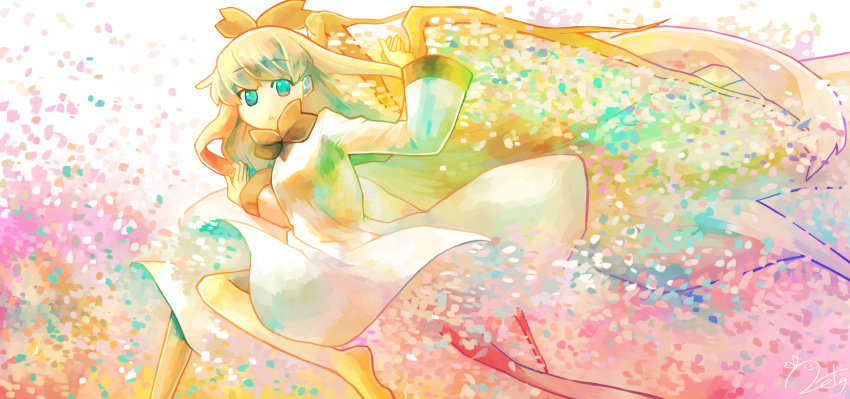 1girl absurdly_long_hair aqua_eyes bare_legs barefoot blonde_hair bow bowtie cherry_blossoms dress hair_bow highres long_hair long_sleeves original pastel_colors petals plant_wings pose_request potg_(piotegu) red_bow solo tree very_long_hair white_dress wings
