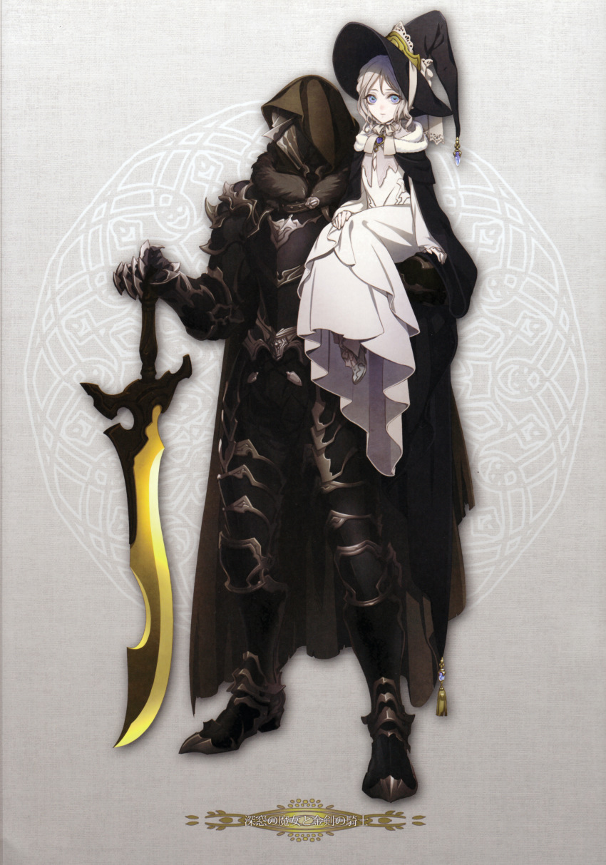 1boy 1girl absurdres amano_hana armor blue_eyes cape dress full_body grey_hair high_heels highres non-web_source short_hair sitting_on_shoulder smile sword weapon white_dress