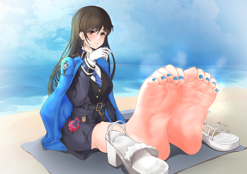 1girl absurdres barefoot beach black_hair brown_eyes diesel_(nikke) feet goddess_of_victory:_nikke highres long_hair looking_at_viewer parted_lips sandals shoes shuang_yue soles steam toes unworn_sandals unworn_shoes