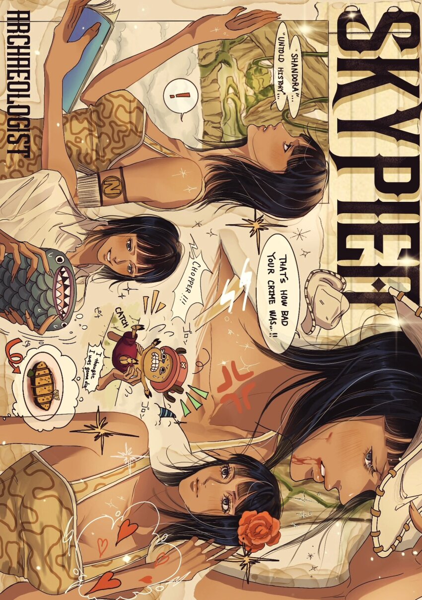1boy 1girl anger_vein antlers armlet black_hair blood blunt_bangs book commentary disembodied_hand extra_arms fish flower hair_flower hair_ornament hana_hana_no_mi hat heart highres holding holding_book horns jewelry medium_hair multiple_views nico_robin nico_robin_(skypiea) notice_lines one_piece red_flower red_rose reindeer_antlers rihirihi613 rose smile speech_bubble tank_top tony_tony_chopper white_hat yellow_tank_top