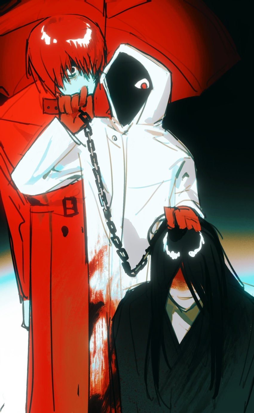 1girl 2boys absurdres baobing black_eyes black_hair black_kimono blood blood_on_clothes chain chain_leash chinese_commentary coat collar commentary_request eyes_in_shadow gloves hand_on_another&#039;s_head heroine_(homicipher) highres holding holding_leash homicipher hood hood_up hooded_coat japanese_clothes kimono leash long_hair long_sleeves mr._crawling mr._scarletella multiple_boys red_coat red_collar red_eyes red_gloves red_hair short_hair smile umbrella variant_set white_coat