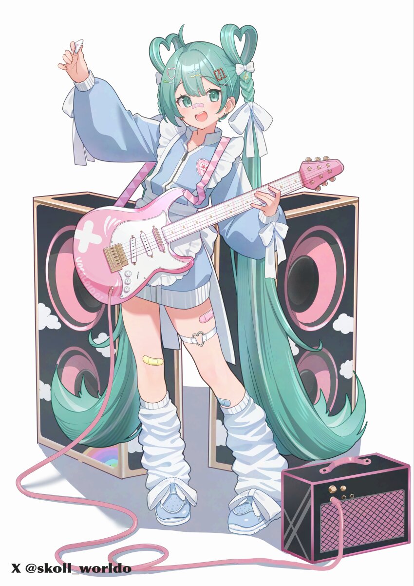 1girl :d absurdres apron arm_up bandaid bandaid_on_face bandaid_on_leg bandaid_on_nose blue_jacket blue_shoes blush electric_guitar frilled_apron frills full_body green_eyes green_hair guitar hair_ornament hashtag-only_commentary hatsune_miku heart heart-shaped_hair heart_hair_ornament highres holding holding_guitar holding_instrument holding_plectrum instrument jacket jersey_maid long_hair long_sleeves looking_at_viewer loose_socks maid number_hair_ornament open_mouth plectrum shoes simple_background skoll_world smile socks solo speaker standing thigh_strap track_jacket twitter_username unconventional_maid very_long_hair vocaloid white_apron white_background white_socks zipper