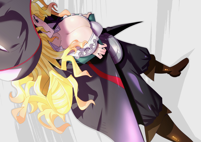 1girl blonde_hair boots breasts cleavage closed_mouth eyepatch foot_out_of_frame frilled_shirt_collar frills hat highres large_breasts long_hair long_sleeves marvel_vs._capcom marvel_vs._capcom_2 pants pirate pirate_hat ruby_heart solo toku_sonchou