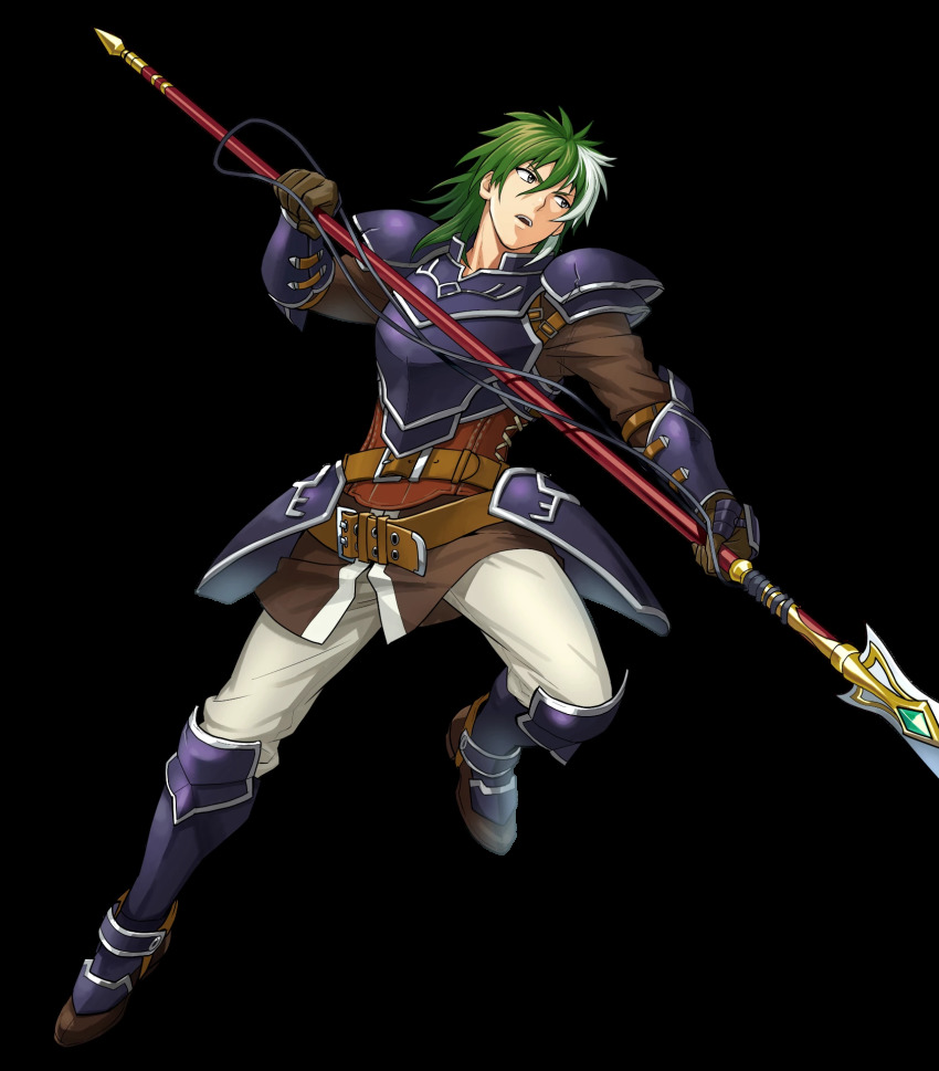 1boy armor belt boots fire_emblem fire_emblem:_the_blazing_blade fire_emblem_heroes full_body gloves green_eyes green_hair heath_(fire_emblem) highres long_hair male_focus multicolored_hair nintendo official_art open_mouth polearm solo spear teeth transparent_background two-tone_hair weapon white_hair