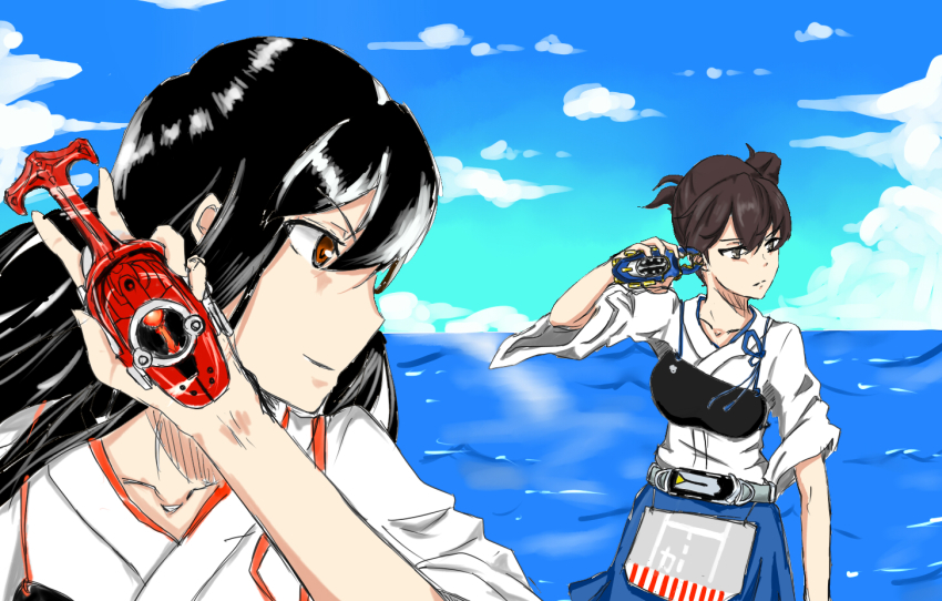 2girls akagi_(kancolle) black_hair brown_eyes brown_hair cloud cloudy_sky commentary crossover day dlewdjuice eyebrows gatack_zecter hair_between_eyes hakama hakama_skirt henshin_pose japanese_clothes kabuto_zecter kaga_(kancolle) kamen_rider kamen_rider_gatack kamen_rider_kabuto kamen_rider_kabuto_(series) kantai_collection long_hair multiple_girls muneate ocean outdoors parody red_eyes rider_belt short_sidetail skirt sky smile