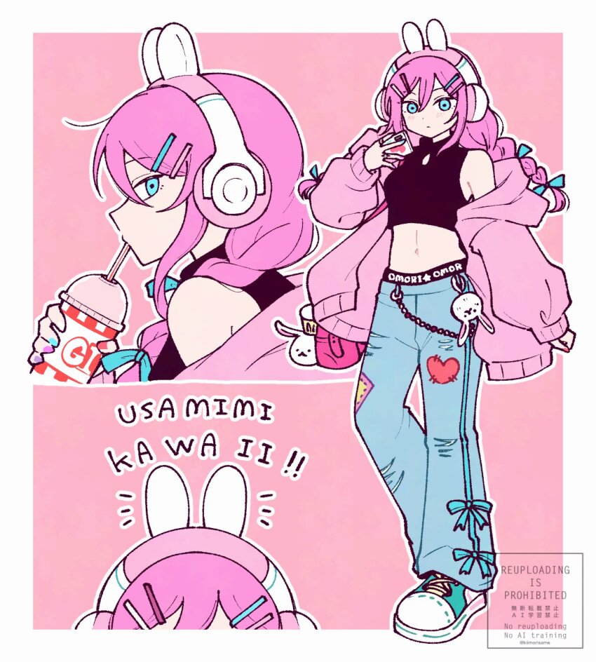 1girl alternate_hairstyle animal_ear_headphones animal_ears aubrey_(birthday)_(omori) aubrey_(faraway)_(omori) aubrey_(omori) blue_eyes blue_nails charm_(object) closed_mouth cup cupcake_bunny_(omori) denim drinking drinking_straw fake_animal_ears forest_bunny?_(omori) hair_ornament hairband hairclip headphones highres holding holding_cup jacket jeans kiimorisame long_hair low_twintails multicolored_nails navel official_alternate_costume omori pants pink_hair pink_jacket pink_nails rabbit_ear_headphones solo torn_clothes torn_jeans torn_pants twintails watermark