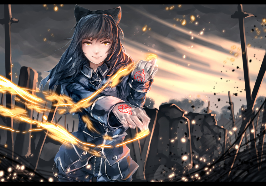 1girl advarcher amestris_military_uniform black_hair blake_belladonna bow commission cosplay female_focus fire fullmetal_alchemist gloves hair_bow letterboxed roy_mustang roy_mustang_(cosplay) rwby solo yellow_eyes