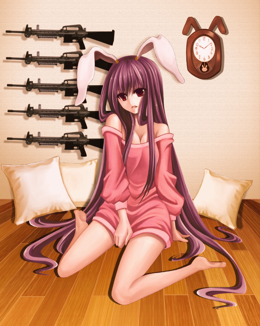 1girl animal_ears ar-10 bad_anatomy bad_feet bad_id bad_pixiv_id bare_shoulders barefoot battle_rifle rabbit_ears clock feet female_focus gun highres legs long_hair nonoko pillow poorly_drawn purple_hair red_eyes reisen_udongein_inaba rifle sitting solo touhou very_long_hair wall_clock wariza weapon wooden_floor yuuka_nonoko