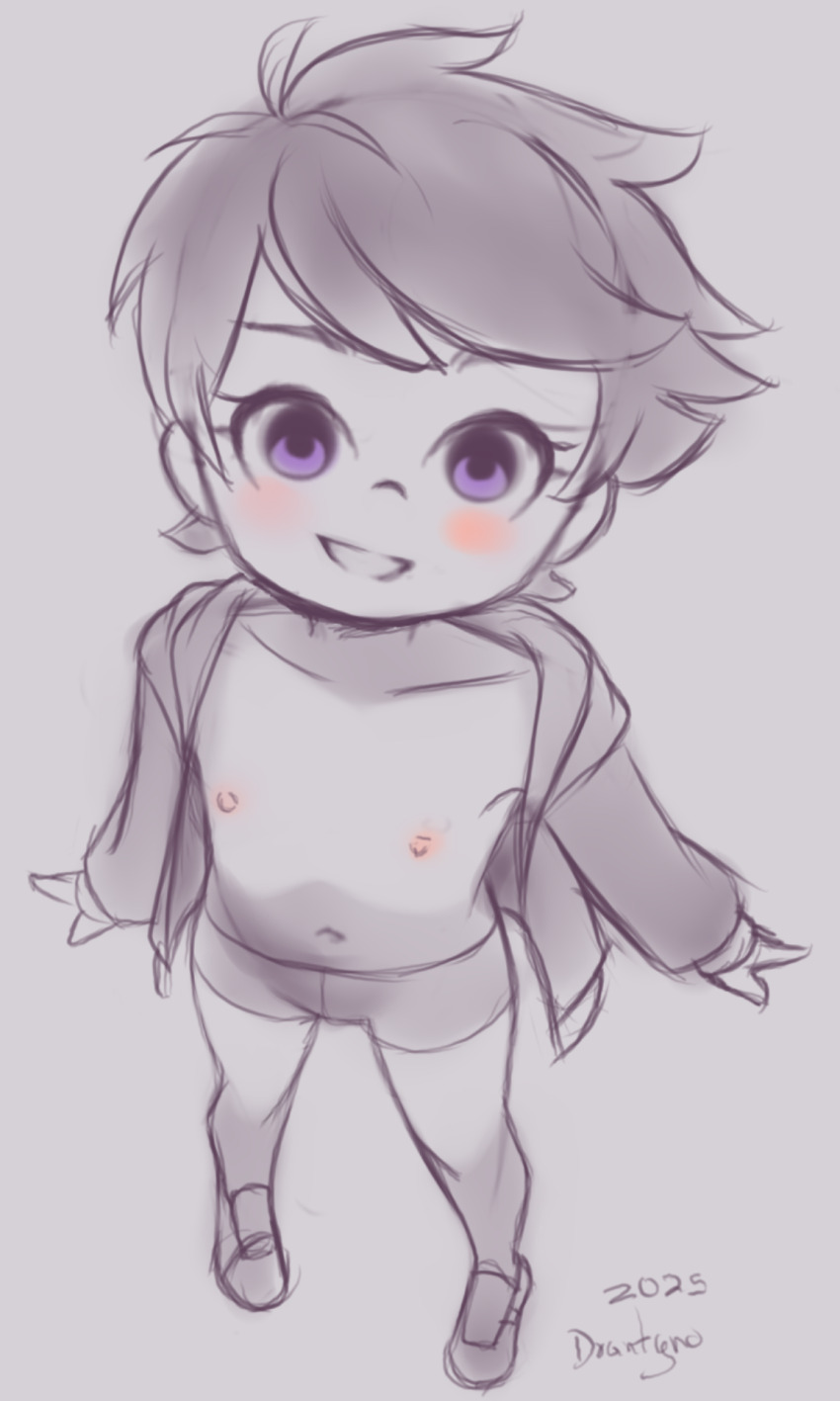 1girl 2025 20s bike_shorts blush collarbone drantyno flat_chest from_above highres jacket loli long_sleeves looking_at_viewer monochrome navel nipples open_clothes open_jacket open_mouth original purple_eyes shoes short_hair sketch smile standing