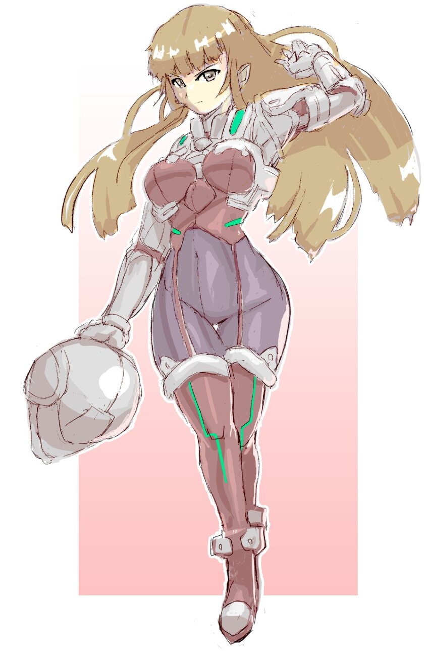 1girl bodysuit breasts brown_hair closed_mouth full_body highres ken_marinaris long_hair looking_at_viewer mecha_pilot_suit pink_bodysuit solo standing very_long_hair zone_of_the_enders