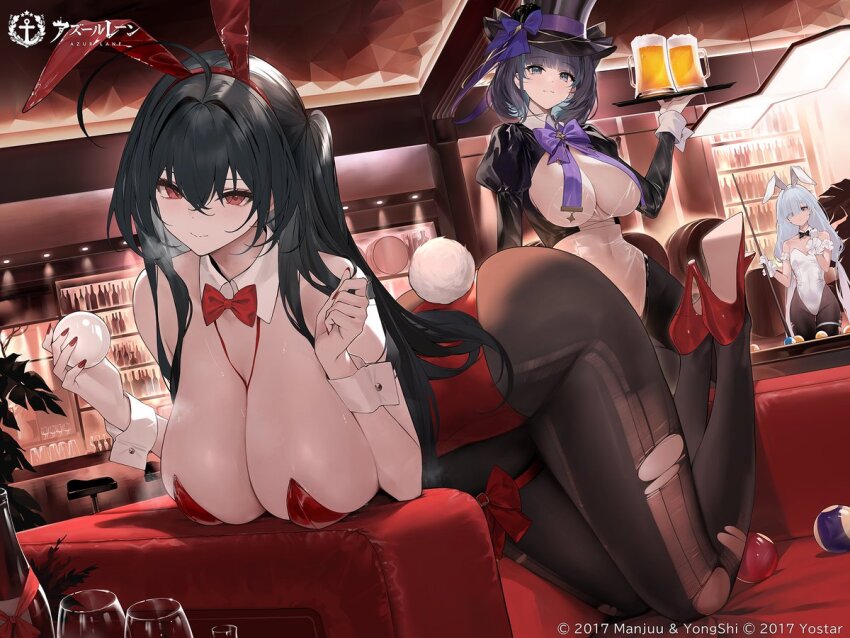 3girls alcohol animal_ears artist_request azur_lane beer black_hair black_hat blue_hair bow breasts brown_pantyhose cheshire_(azur_lane) cheshire_(the_cat_in_the_magic_hat)_(azur_lane) closed_mouth covered_navel fake_animal_ears fake_tail hat high_heels huge_breasts indoors janus_(a_lesson_in_billiards)_(azur_lane) janus_(azur_lane) leotard looking_at_viewer multiple_girls official_art pantyhose playboy_bunny purple_bow rabbit_ears rabbit_tail red_leotard red_shoes second-party_source shoes smile taihou_(azur_lane) taihou_(fun_on_the_baize)_(azur_lane) tail top_hat torn_clothes torn_pantyhose white_wrist_cuffs wrist_cuffs