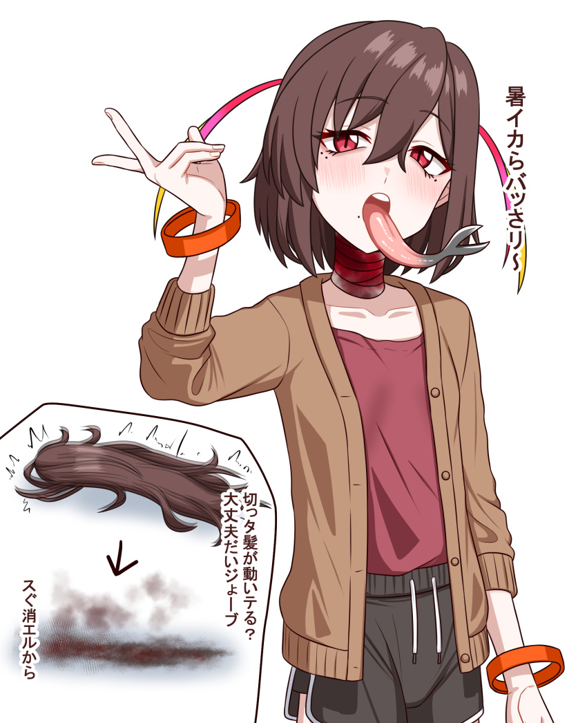 1girl forked_tongue highres long_tongue manjuuumauma shorts tagme tongue