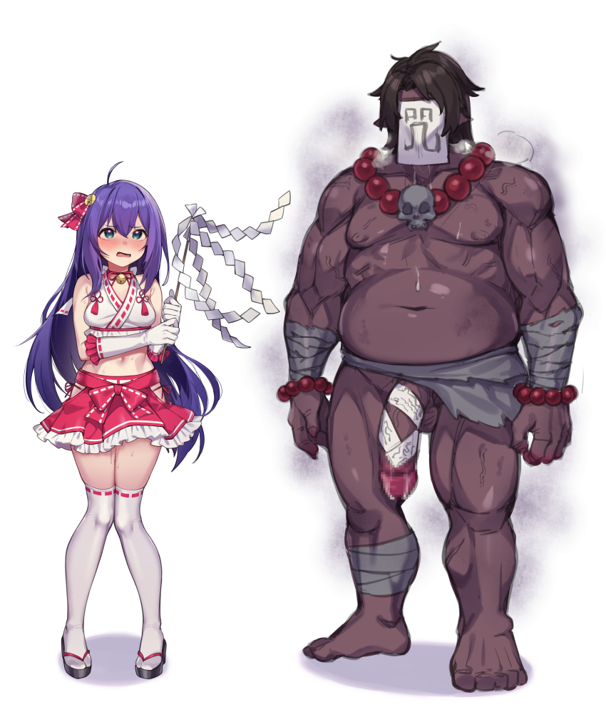1boy 1girl absurdres ahegao ahoge barefoot bead_bracelet bead_necklace beads blush bracelet brown_hair censored concept_maihime_(idolmaster) covered_face d: fat fat_man frills full_body highres idolmaster idolmaster_million_live! idolmaster_million_live!_theater_days japanese_clothes jewelry long_hair midriff miko miniskirt mochizuki_anna mosaic_censoring muscular muscular_male navel necklace open_mouth penis pointy_ears purple_hair red_skirt shennai_misha skirt standing thighhighs white_thighhighs zettai_ryouiki
