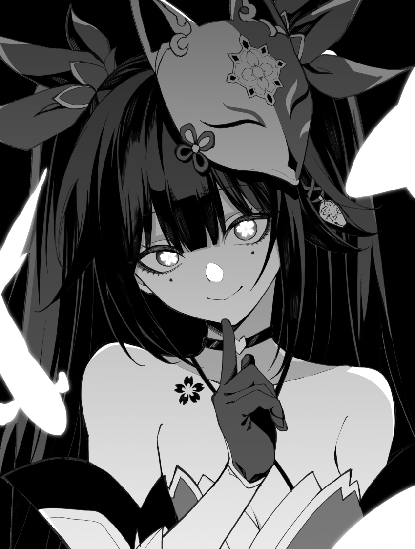 1girl absurdres bare_shoulders bow closed_mouth collarbone dress flower-shaped_pupils fox_mask gloves greyscale hair_between_eyes hair_bow head_tilt highres honkai:_star_rail honkai_(series) index_finger_raised long_hair looking_at_viewer mask mask_on_head monochrome portrait sidelocks smile solo sparkle_(honkai:_star_rail) strapless strapless_dress symbol-shaped_pupils tsukamoto_minori twintails