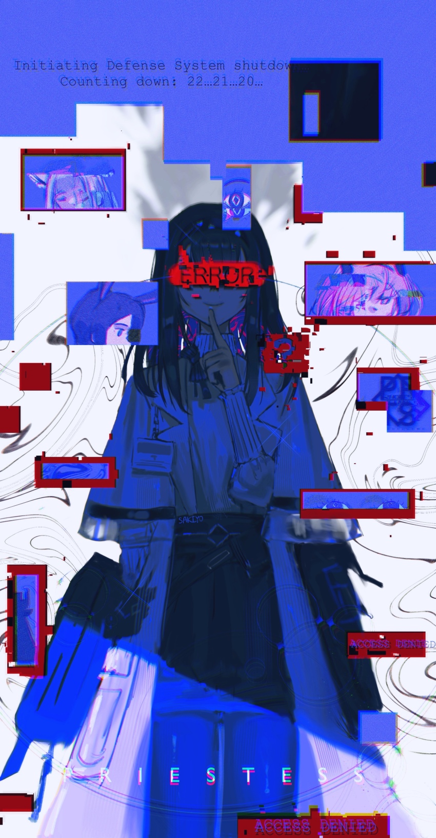 4girls absurdres amiya_(arknights) arknights artist_name black_hair black_hairband character_name chromatic_aberration closed_mouth coat commentary covered_eyes english_commentary finger_to_mouth glitch hairband highres kal&#039;tsit_(arknights) lab_coat long_sleeves medium_hair mixed-language_commentary multiple_girls open_clothes open_coat priestess_(arknights) prts_logo_(arknights) sakiyo skirt smile standing surreal sweater theresa_(arknights) turtleneck turtleneck_sweater