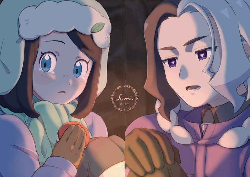 1boy 1girl absurdres amethio_(pokemon) black_hair blue_eyes brown_gloves collared_shirt commentary_request eyelashes gloves green_hat green_scarf grey_shirt hat highres holding holding_poke_ball jacket liko_(pokemon) long_sleeves looking_down loose_hair_strand medium_hair multicolored_hair nintendo open_mouth pants poke_ball poke_ball_(basic) pokemon pokemon_(anime) pokemon_horizons purple_jacket scarf shirt signature symbol-shaped_pupils tearing_up triangle-shaped_pupils two-tone_hair uminosumi_dai