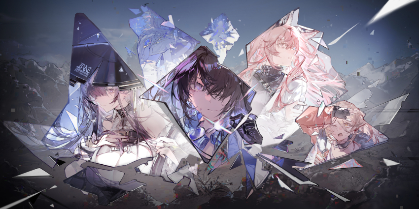 1boy 4girls absurdres animal_ears black_gloves black_hair black_sweater blue_eyes blue_shirt broken_glass cat_ears character_request collared_shirt dalanxia facial_hair female_professor_(neural_cloud) fingerless_gloves fur-trimmed_jacket fur_trim girls&#039;_frontline girls&#039;_frontline_neural_cloud glass glasses gloves hand_on_own_arm highres holding holding_removed_eyewear jacket lab_coat lens_flare long_hair lord_eosphoros_(neural_cloud) multiple_girls official_art one_eye_closed open_mouth persicaria_(neural_cloud) pink_hair professor_(neural_cloud) ribbed_sweater sangoma_(neural_cloud) shading_eyes shirt sol_(neural_cloud) sweater turtleneck turtleneck_sweater unworn_eyewear yellow_eyes